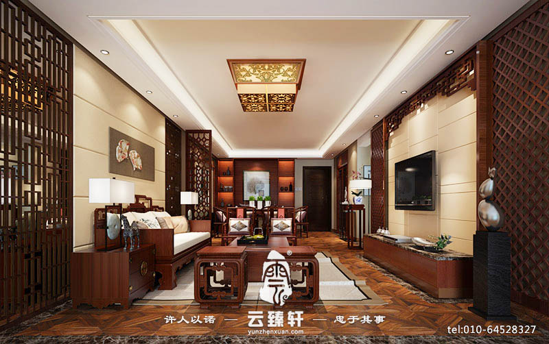 中式客廳鏤空木格紋背景墻裝修設計