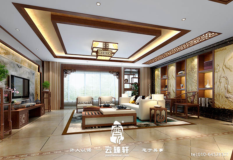 中式設計客廳彩繪立體背景墻效果圖2