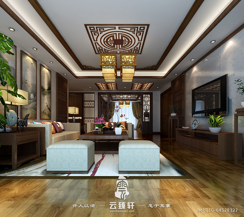 現(xiàn)代中式鏤空木格加大理石客廳電視背景墻裝修設計