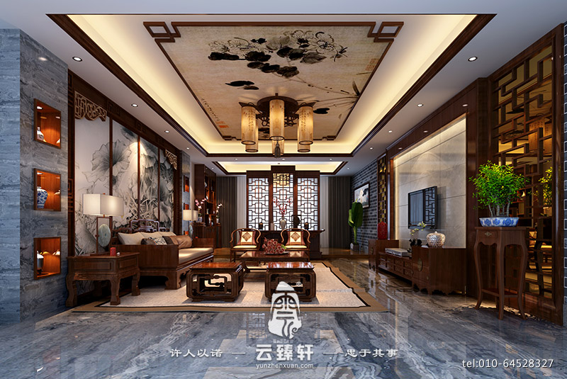 現(xiàn)代中式鏤空木格加大理石客廳電視背景墻裝修設計