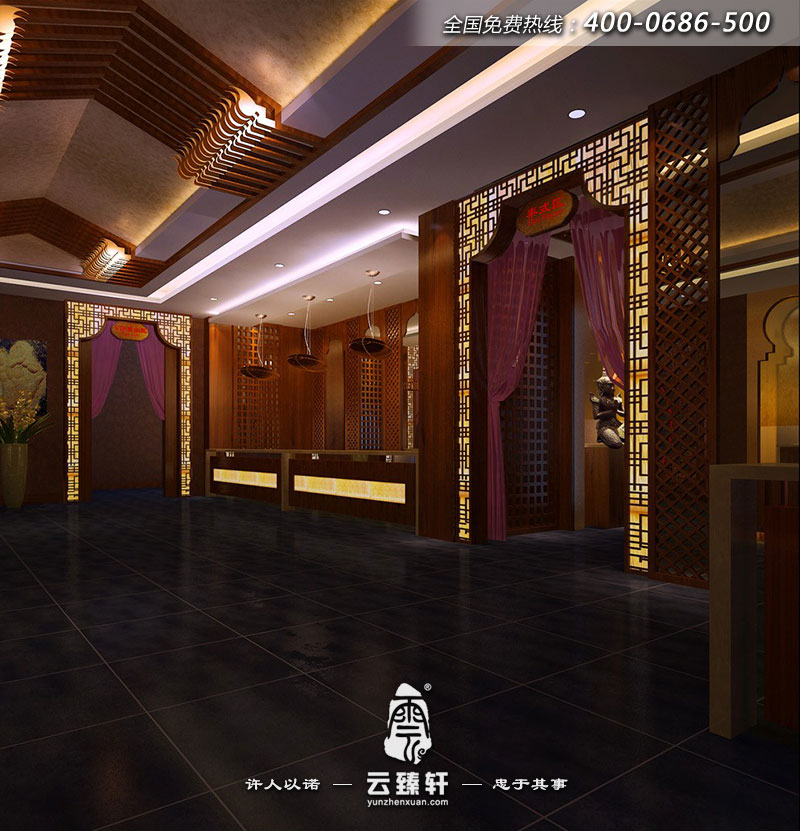 該會所分區明確，這是其中“泰式區”門廳的裝修效果