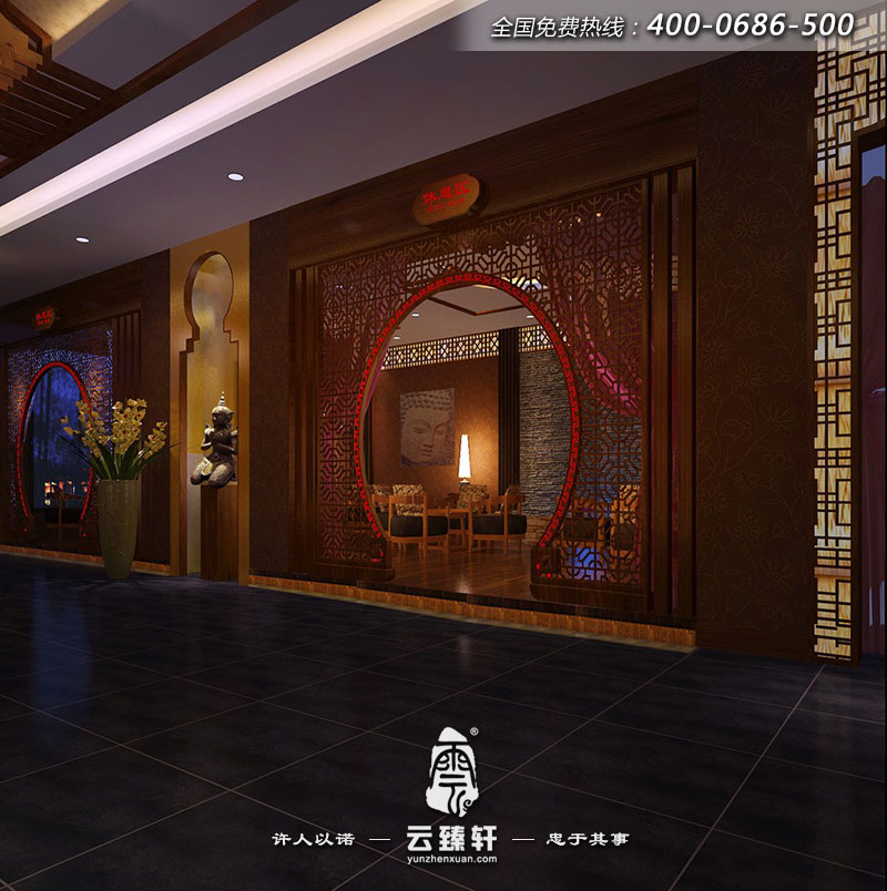 “休息區”的門廳運用圓光罩進行裝飾