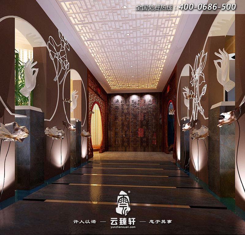 中式養(yǎng)生會館的一層過道在裝飾細節(jié)上崇尚自然