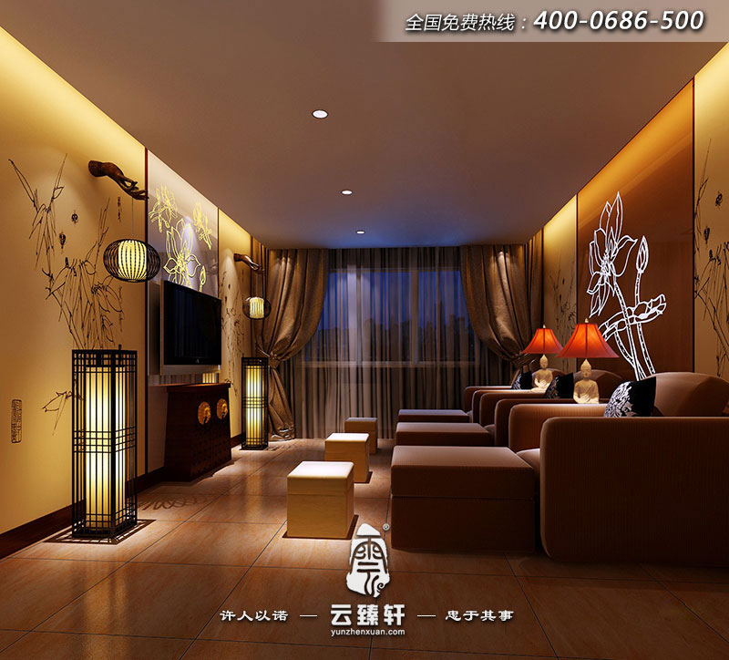 養(yǎng)生區(qū)的裝修采用中式傳統(tǒng)的對稱式布局